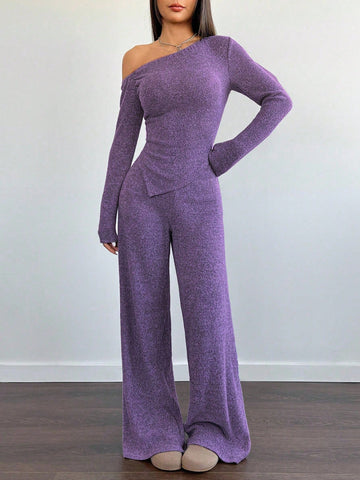 Women's Casual Asymmetrical Shoulder Fuzzy T-Shirt + Wide Leg Low Waist Pants