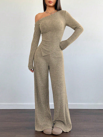 Women's Casual Asymmetrical Shoulder Fuzzy T-Shirt + Wide Leg Low Waist Pants