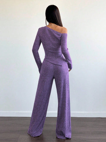 Women's Casual Asymmetrical Shoulder Fuzzy T-Shirt + Wide Leg Low Waist Pants