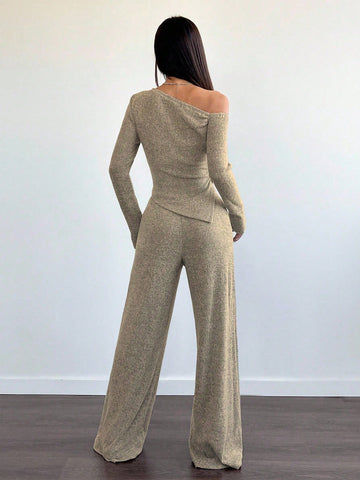 Women's Casual Asymmetrical Shoulder Fuzzy T-Shirt + Wide Leg Low Waist Pants