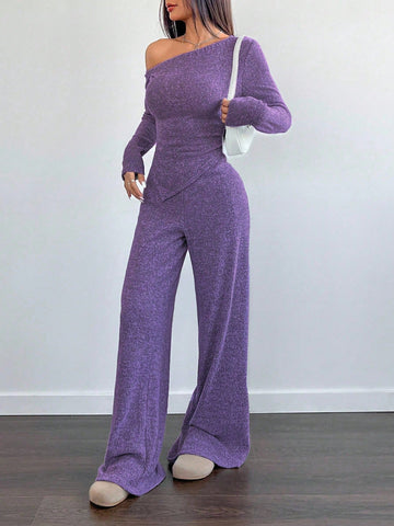 Women's Casual Asymmetrical Shoulder Fuzzy T-Shirt + Wide Leg Low Waist Pants
