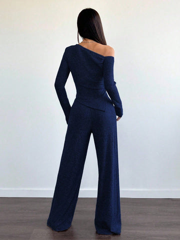 Women's Casual Asymmetrical Shoulder Fuzzy T-Shirt + Wide Leg Low Waist Pants