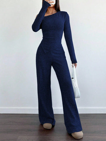 Women's Casual Asymmetrical Shoulder Fuzzy T-Shirt + Wide Leg Low Waist Pants