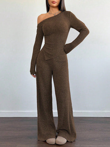 Women's Casual Asymmetrical Shoulder Fuzzy T-Shirt + Wide Leg Low Waist Pants