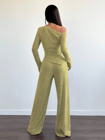 Women's Casual Asymmetrical Shoulder Fuzzy T-Shirt + Wide Leg Low Waist Pants