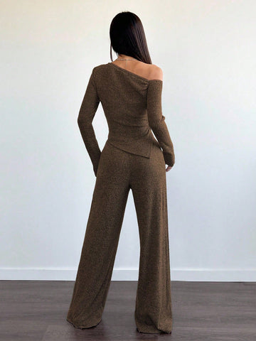 Women's Casual Asymmetrical Shoulder Fuzzy T-Shirt + Wide Leg Low Waist Pants