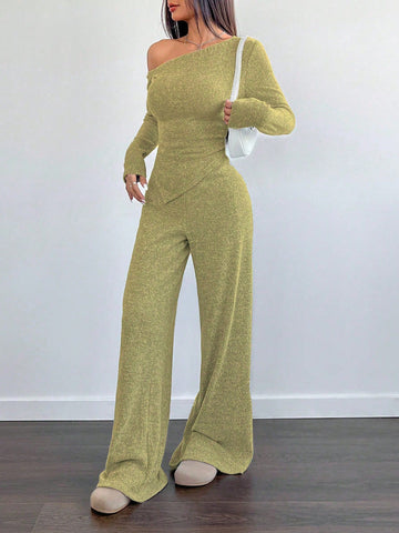 Women's Casual Asymmetrical Shoulder Fuzzy T-Shirt + Wide Leg Low Waist Pants