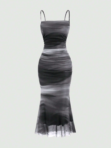 Sweetra Summer Tie Dye Ombre Mesh Pleated Empire Waist Mermaid Hem Cami Dress