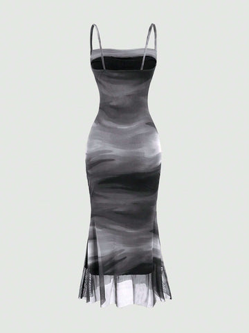 Sweetra Summer Tie Dye Ombre Mesh Pleated Empire Waist Mermaid Hem Cami Dress