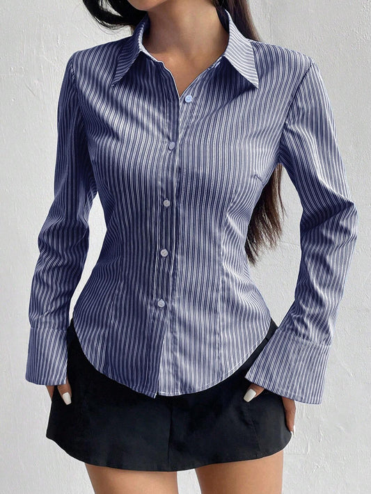 Women's Casual Slim Fit Striped Long Sleeve Shirt