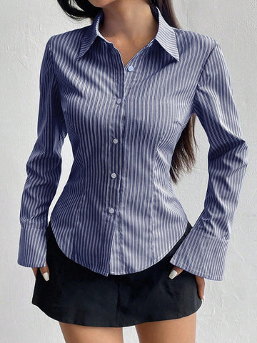 Women's Casual Slim Fit Striped Long Sleeve Shirt