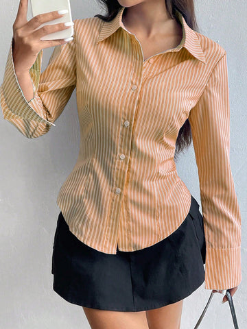 Women's Casual Slim Fit Striped Long Sleeve Shirt