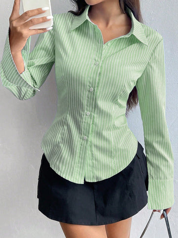 Women's Casual Slim Fit Striped Long Sleeve Shirt