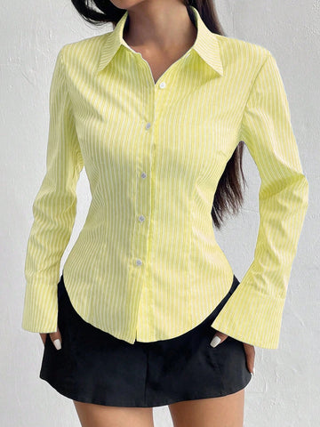 Women's Casual Slim Fit Striped Long Sleeve Shirt