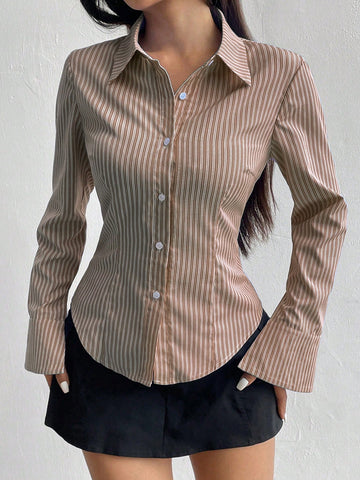 Women's Casual Slim Fit Striped Long Sleeve Shirt