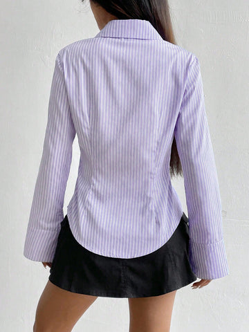 Women's Casual Slim Fit Striped Long Sleeve Shirt