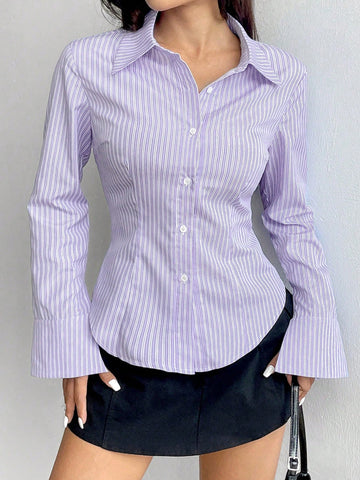 Women's Casual Slim Fit Striped Long Sleeve Shirt