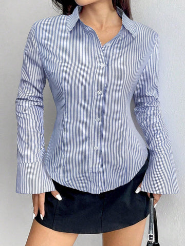 Women's Casual Slim Fit Striped Long Sleeve Shirt