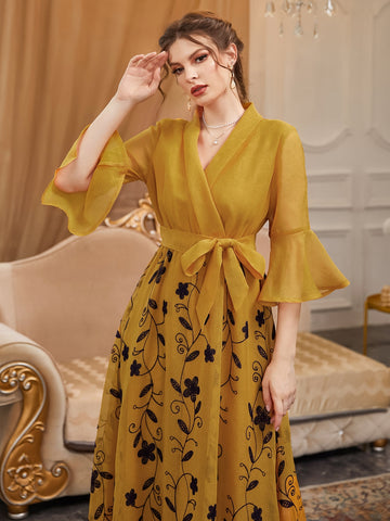 Floral Embroidered Overlap Collar Flounce Sleeve Belted Dress