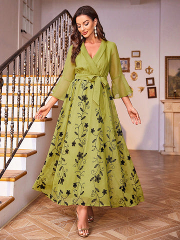 Floral Embroidered Overlap Collar Flounce Sleeve Belted Dress