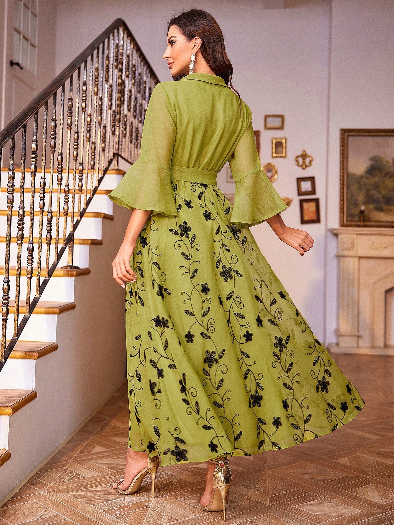 Floral Embroidered Overlap Collar Flounce Sleeve Belted Dress