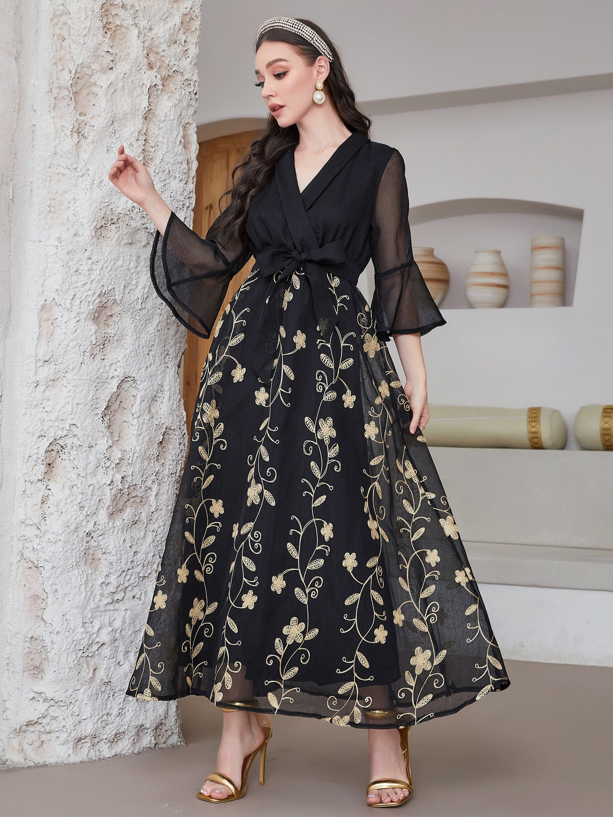 Floral Embroidered Overlap Collar Flounce Sleeve Belted Dress