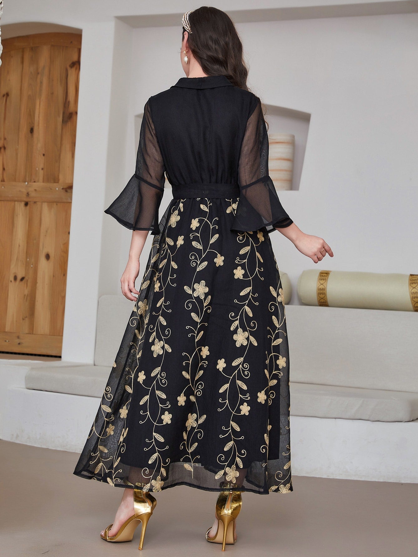 Floral Embroidered Overlap Collar Flounce Sleeve Belted Dress