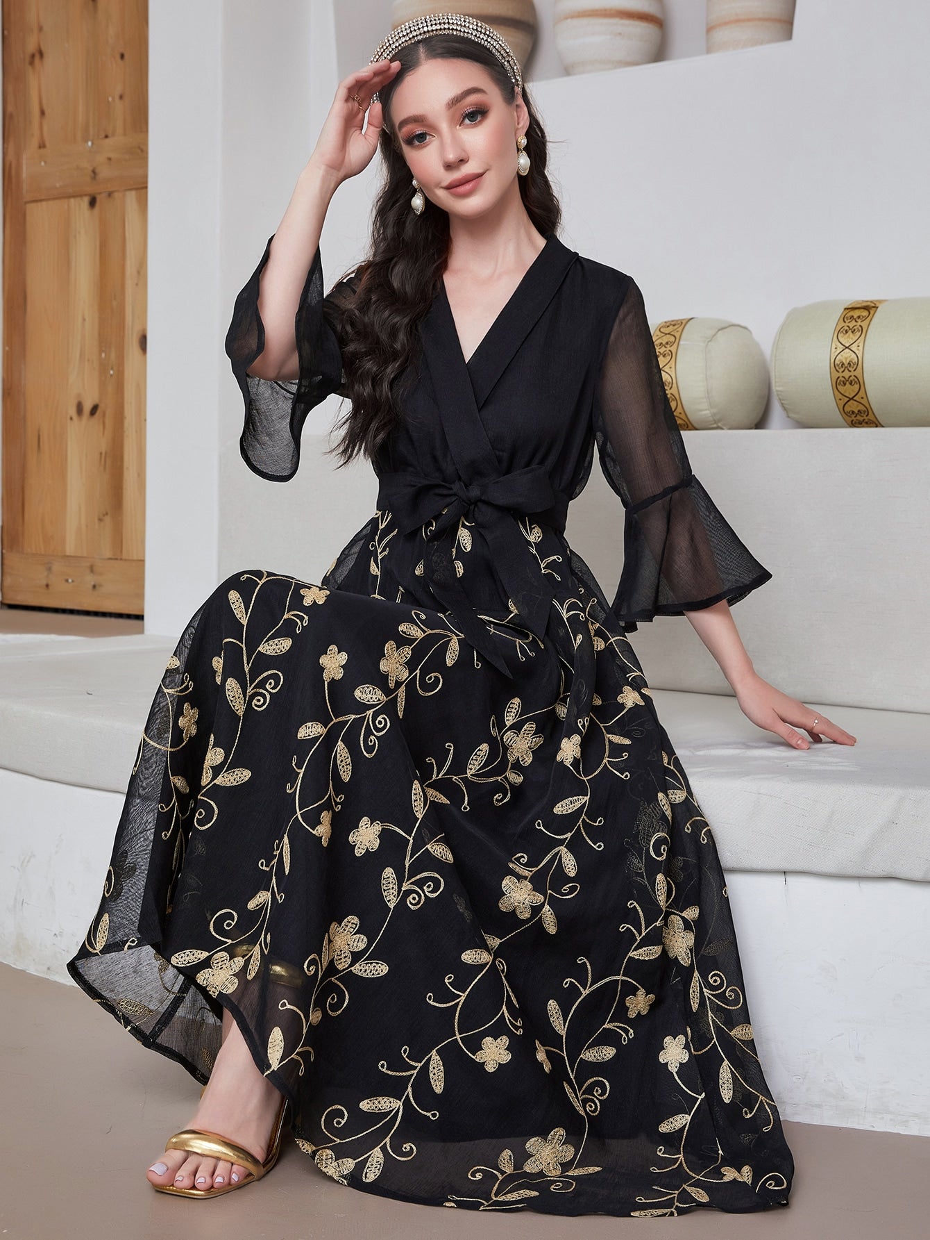 Floral Embroidered Overlap Collar Flounce Sleeve Belted Dress