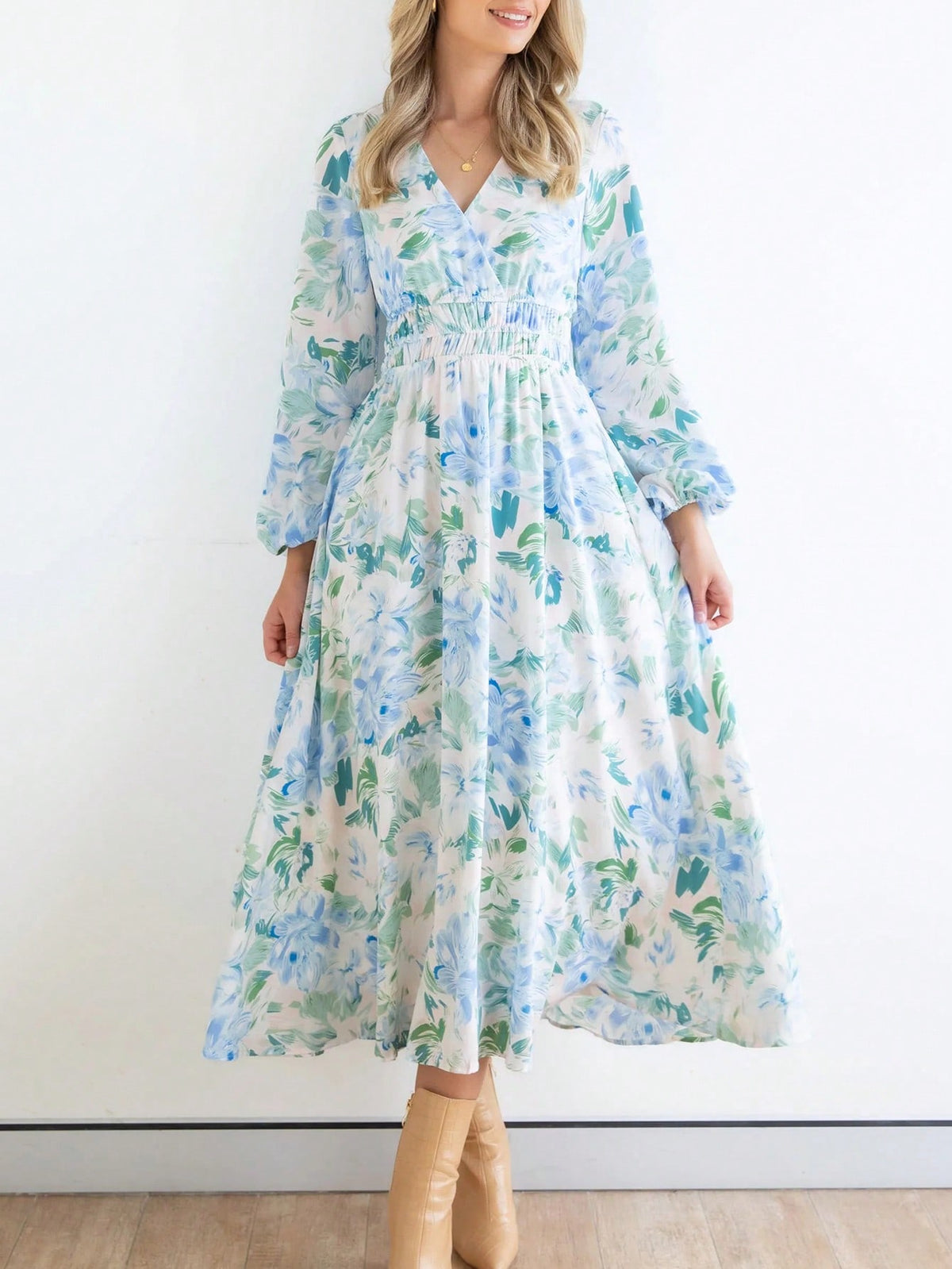 Floral Print Lantern Sleeve Dress