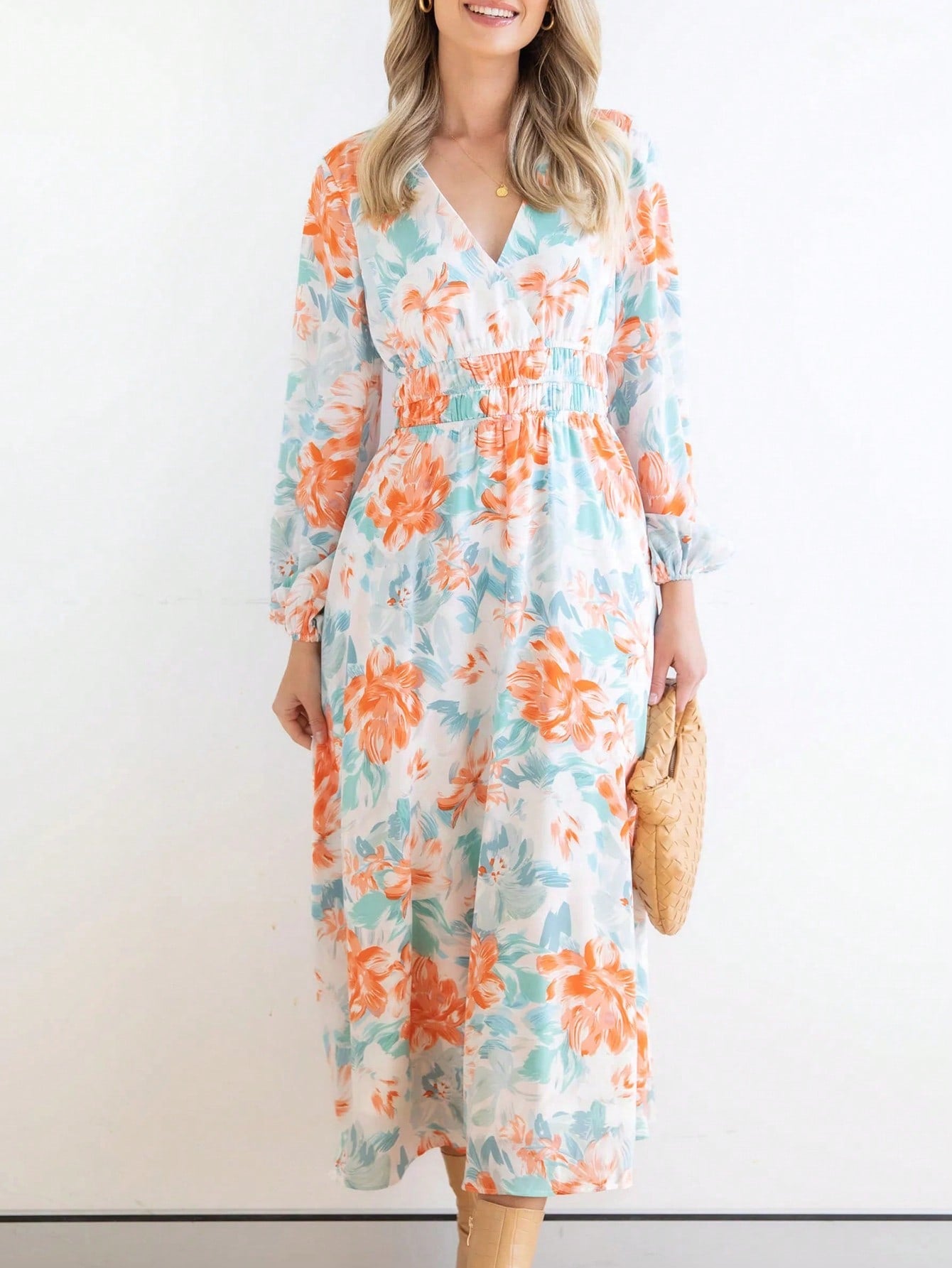 Floral Print Lantern Sleeve Dress