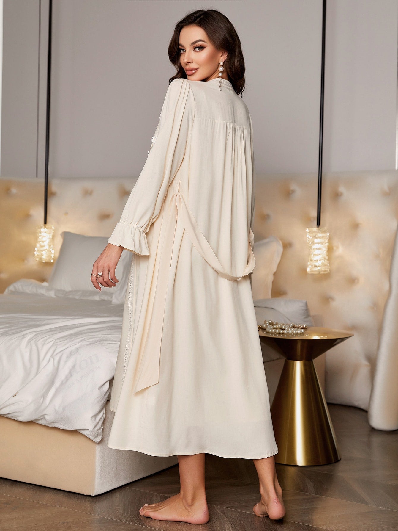 Flounce Sleeve Open Front Robe & Cami Dress PJ Set