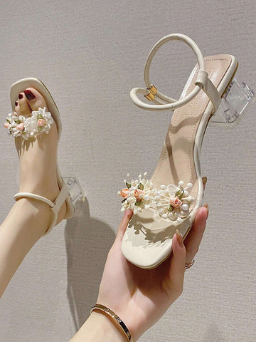 Flower Decor Chunky Heel Ankle Strap Sandals