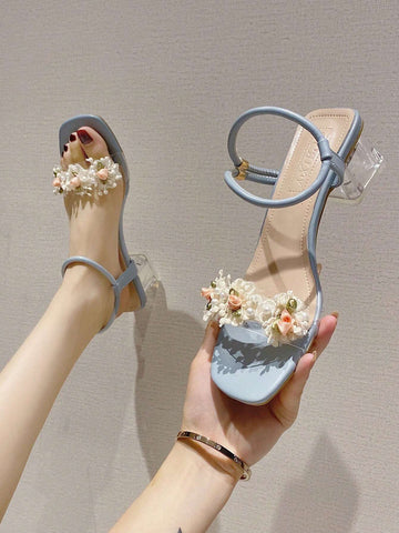 Flower Decor Chunky Heel Ankle Strap Sandals