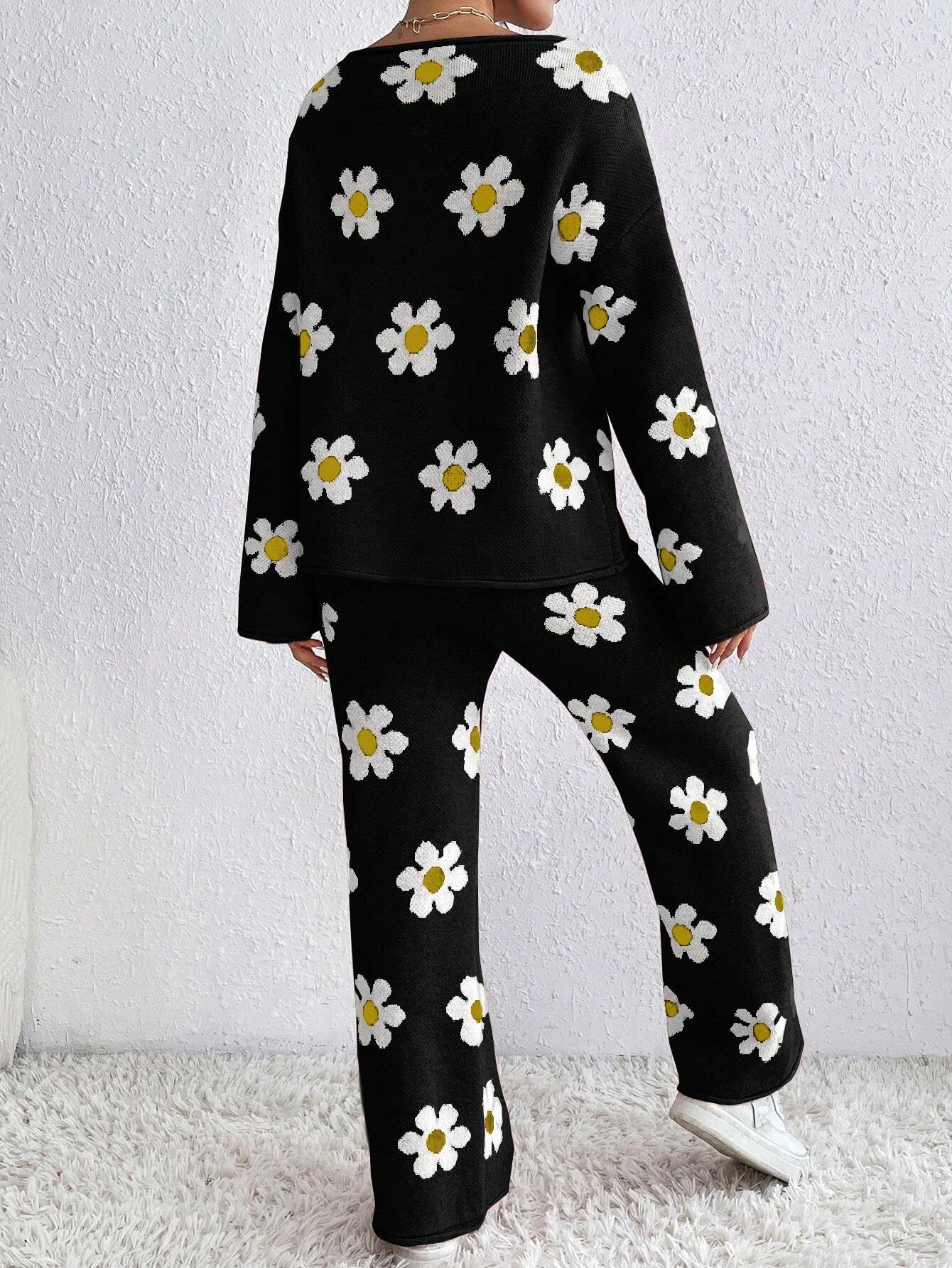 Flower Pattern Round Neck Sweater And Knitted Wide Leg Pants