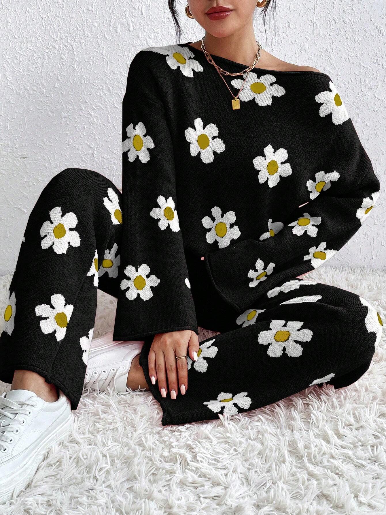 Flower Pattern Round Neck Sweater And Knitted Wide Leg Pants