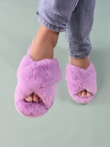 Fluffy Cross Strap Bedroom Slippers