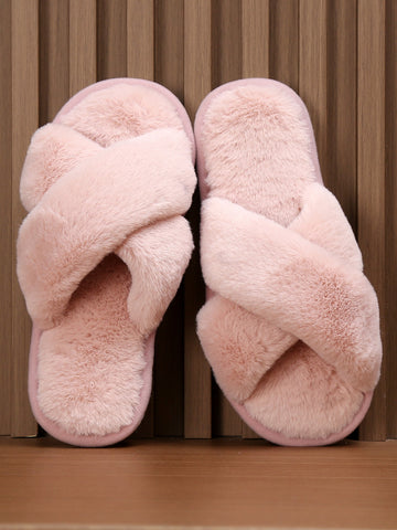 Fluffy Cross Strap Bedroom Slippers