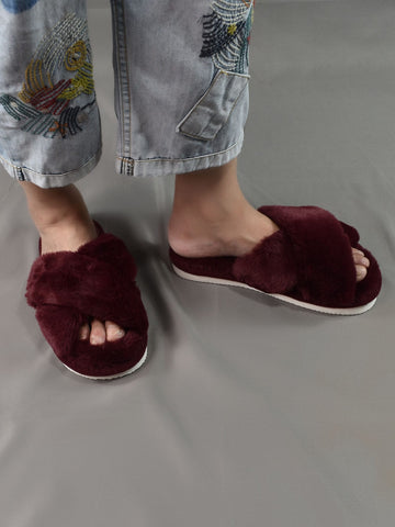 Fluffy Cross Strap Bedroom Slippers