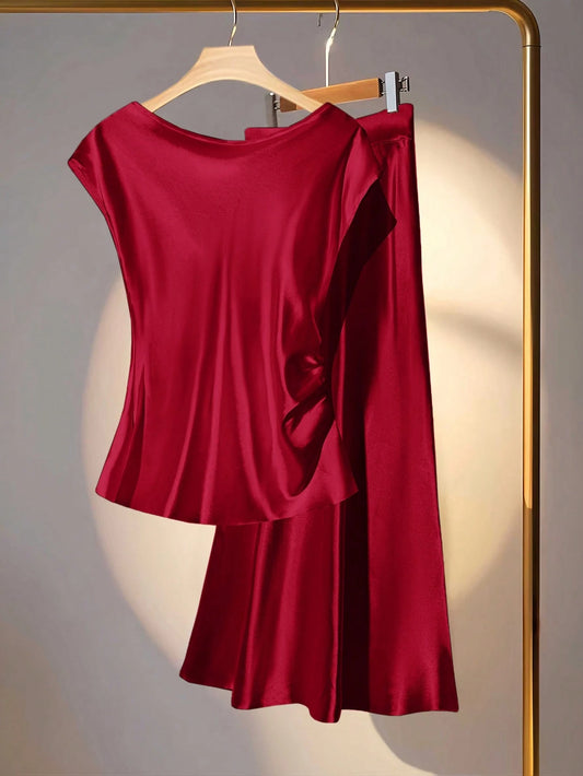 Franclia 2pcs Set Elegant Commuter Solid Color V-Neck Blouse And Skirt