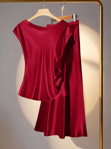 Franclia 2pcs Set Elegant Commuter Solid Color V-Neck Blouse And Skirt