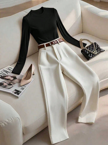Women's Solid Color Round Neck Long Sleeve T-Shirt And Pleated Long Pants