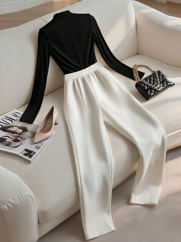 Women's Solid Color Round Neck Long Sleeve T-Shirt And Pleated Long Pants