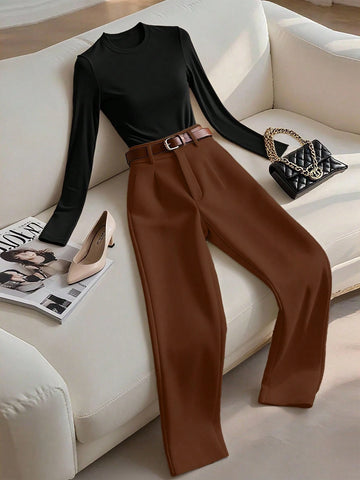Women's Solid Color Round Neck Long Sleeve T-Shirt And Pleated Long Pants