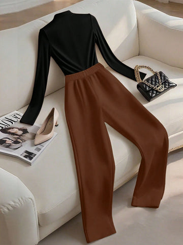 Women's Solid Color Round Neck Long Sleeve T-Shirt And Pleated Long Pants