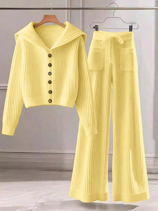 Collared Button-Up Cardigan And Bowknot Pocket Knit Pants