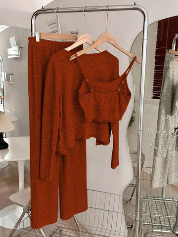 Camisole, Cardigan & Straight Pants Knit Set