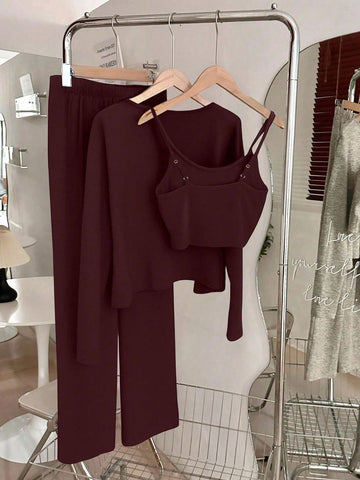 Camisole, Cardigan & Straight Pants Knit Set