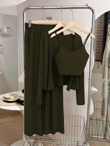 Camisole, Cardigan & Straight Pants Knit Set
