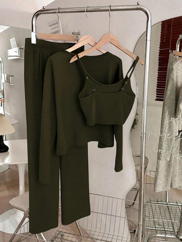 Camisole, Cardigan & Straight Pants Knit Set