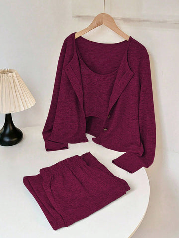 Camisole, Cardigan & Straight Pants Knit Set